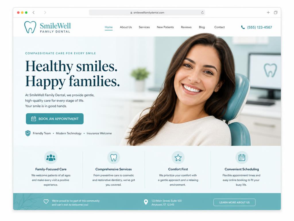 SmileWell Family Dental website homepage design